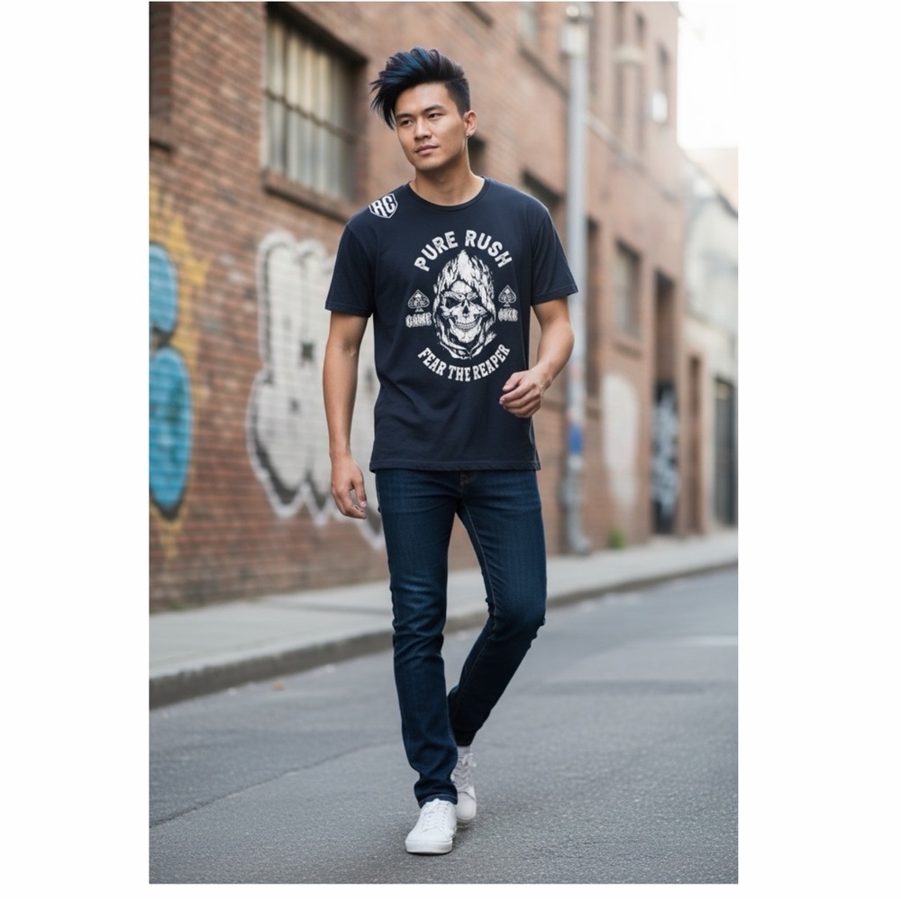Men’s Pure Rush Sons of Death Reaper Graphic Tee XXL Blue Biker Skull